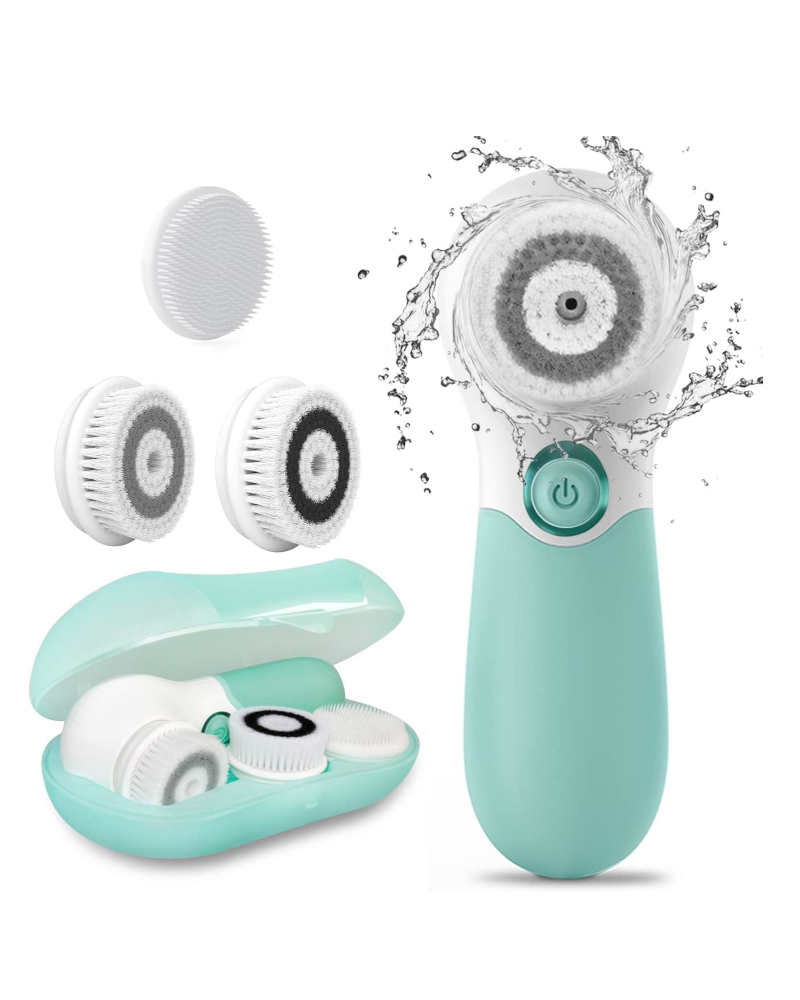 TOUCHBeauty electric facial cleansing brush with 3 interchangeable heads, 2-speed settings, silicone non-slip handle, and protective travel case for deep cleansing, exfoliating, and massaging all skin types.